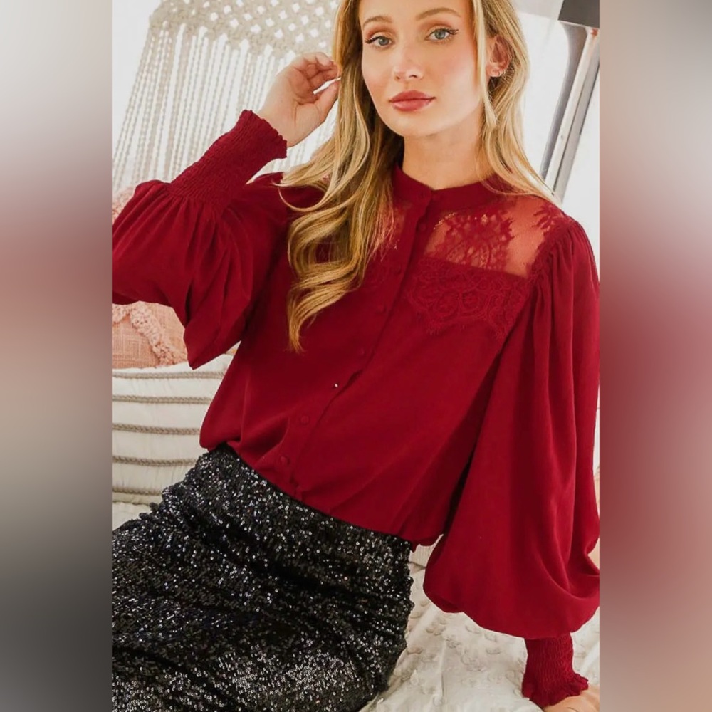 169. Lacey, scalloped lace smocked sleeve blouse, Merlot, various sizes